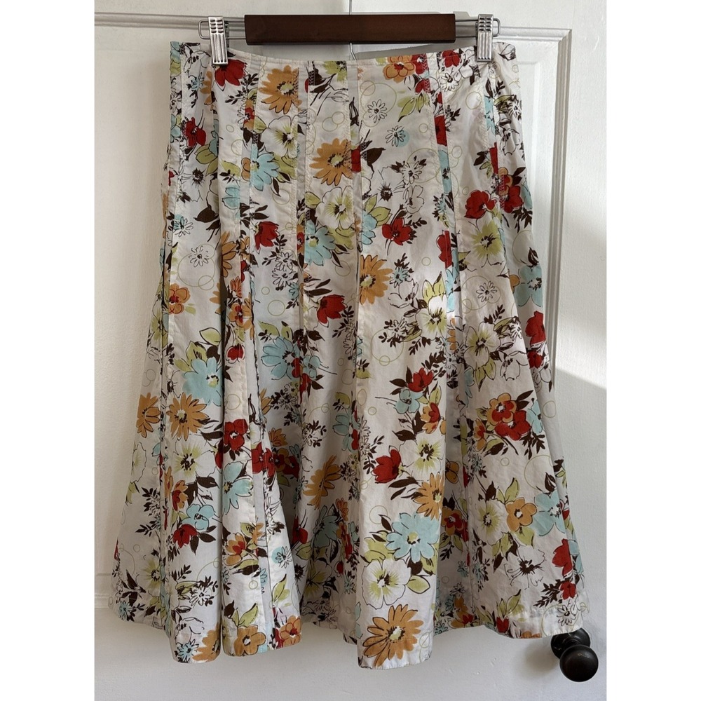 Cabi Floral Cotton A-Line Skirt White Orange Blue Knee Length Style 475 Womens 4